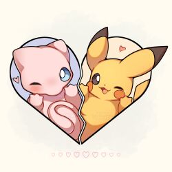 absurdres blue_eyes blush brown_eyes closed_mouth heart highres looking_at_viewer mew mew_(pokemon) no_humans one_eye_closed open_mouth pikachu pokemon pokemon_(creature) pokemon_focus sevi_(seviyummy) smile tail