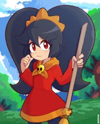  1girl absurdres ashley_(warioware) big_hair black_hair black_pantyhose broom closed_mouth clouds dress efextex hair_between_eyes hairband highres holding holding_broom long_hair long_sleeves looking_at_viewer neckerchief orange_hairband orange_neckerchief outdoors pantyhose red_dress red_eyes skull_ornament solo tree twintails twitter_username very_long_hair warioware 