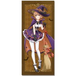  1girl anime_coloring bat_(animal) black_corset black_gloves black_shoes blush border bra braid broom brown_background checkered_background cloak closed_mouth collarbone copyright_notice corset dress dress_tug frilled_dress frills full_body gloves halloween_costume hat high_heels highres isshiki_iroha jack-o&#039;-lantern large_hat low_twin_braids medium_hair merchandise_available official_art orange_cloak outside_border pantyhose purple_cloak purple_dress purple_hat shoes socks solo standing strapless strapless_dress tongue tongue_out twin_braids two-sided_cloak two-sided_fabric two-tone_background two-tone_dress underwear white_dress white_pantyhose white_socks witch_hat yahari_ore_no_seishun_lovecome_wa_machigatteiru. yellow_bra yellow_eyes 