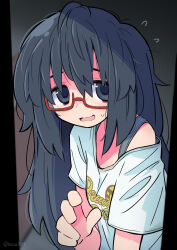  1girl black_eyes black_hair blush doorway flying_sweatdrops follower_(rascal) freckles grey_sports_bra hair_down highres jimiko looking_at_viewer messy_hair open_mouth original pov_doorway rascal_(feuille) red-framed_eyewear shirt solo sports_bra sweatdrop t-shirt twitter_username white_shirt 