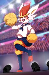  black_skirt blurry blurry_background blush cheerleader cinderace clothed_pokemon furry outdoors pokemon pokemon_(creature) pom_pom_(cheerleading) qumyak red_eyes school_uniform serafuku shirt short_sleeves skirt stage_lights standing standing_on_one_leg white_shirt 