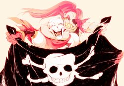  1boy 1girl 2023 2d anthro armor black_eyepatch black_tank_top blue_shorts blue_skin cape closed_eyes colored_skin digital_media duo ear_fins eyepatch female fins fish fish_girl flag gloves grin head_fins high_ponytail holding holding_flag humanoid long_hair male monster monster_boy monster_girl open_mouth papyrus_(undertale) pirate_flag ponytail red_cape red_gloves red_hair sharp_teeth shorts simple_background skeleton skull_and_crossbones skull_print smile taharu_(papiyas) tank_top teeth undead undertale undyne upper_body utdr_(toby_fox) white_armor white_background yellow_teeth 