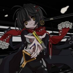  1boy absurdres androgynous black_coat black_hair black_pants boxcutter closed_mouth clothing_cutout coat earrings hi_(hi41342085) highres hip_vent jewelry looking_at_viewer male_focus mashiro_meme mashiro_meme_(1st_costume) nijisanji open_clothes open_coat outstretched_arms outstretched_hand pants red_scarf safety_pin_hair_ornament scarf short_hair shovel smile solo trap virtual_youtuber yellow_eyes 