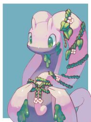  bow closed_mouth colored_skin flower goodra green_eyes highres leaf no_humans p9kfxaofqi54546 plant pokemon pokemon_(creature) pokemon_focus purple_skin simple_background slime_(substance) vines 