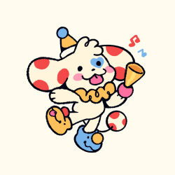  1other :3 animal_ears asymmetrical_footwear bike_horn blush_stickers chibi chibi_only chibikemo clown commentary dog_ears dog_tail english_commentary furry hat heart highres holding holding_instrument instrument jester mismatched_footwear mushroomyhouse musical_note original party_hat shoes simple_background solo spotted_fur tail tongue tongue_out white_background 