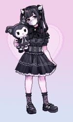  1girl black_bow black_eyes black_hair black_shirt black_shoes black_skirt black_socks blunt_bangs bow brooch frilled_skirt frilled_socks frills full_body hair_ornament head_tilt high-waist_skirt highres holding holding_stuffed_toy jewelry jirai_kei kuromi lace_socks long_hair looking_at_viewer mask mouth_mask nezumicchii original pink_background pixel_art sanrio shirt shoes short_sleeves skirt socks solo standing stuffed_toy two_side_up wing_hair_ornament 