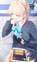  1girl 1other absurdres blazer blonde_hair blue_archive blue_bow blue_bowtie blue_hair blue_halo blue_jacket blue_skirt blush bow bowtie braid breasts closed_eyes commentary_request game_over halo hand_on_own_stomach hand_up happy highres holding_own_stomach indoors jacket kuu_(user_gngs5284) laughing leaning_forward long_hair long_sleeves medium_breasts miniskirt multicolored_hair open_clothes open_jacket open_mouth pleated_skirt shirt skirt smile solo_focus standing streaked_hair tearing_up toki_(blue_archive) two-tone_hair very_long_hair white_shirt 