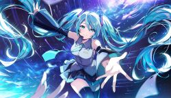  aqua_eyes aqua_hair aqua_nails aqua_necktie black_sleeves detached_sleeves game_cg grey_shirt hatsune_miku headphones headset highres kage_no_jitsuryokusha_ni_naritakute! kage_no_jitsuryokusha_ni_naritakute!_master_of_garden long_hair necktie non-web_source number_tattoo official_art shirt sleeveless sleeveless_shirt tattoo twintails very_long_hair vocaloid 