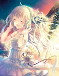  ahoge beach blonde_hair bracelet closed_eyes cloud crescent dress eyes_closed flower hair_ornament hair_ribbon hands_on_headphones jewelry long_hair long_ponytail necklace open_mouth original ponytail ribbon sand solo star star_(sky) sunflower sunset twilight very_long_hair water white_dress yamadori_yoshitomo 