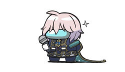  among_us anastasia_(idolmaster) black_shirt blue_jacket blue_pantyhose blue_skirt brown_hair character_request check_character chibi crewmate_(among_us) full_body holding holding_microphone idolmaster idolmaster_cinderella_girls jacket kawamochi_(kawauti919) microphone open_clothes open_jacket pantyhose shadow shirt simple_background skirt sparkle standing white_background 