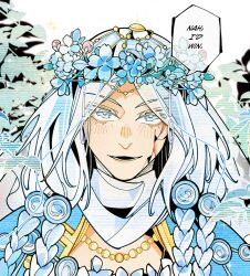  1girl blue_eyes braid drenched-in-sunlight elden_ring elden_ring_nightreign flower_wreath highres long_hair low_twin_braids meme nah_i'd_win_(meme) open_mouth revenant_(elden_ring) solo speech_bubble twin_braids veil white_background white_hair white_veil 