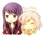  1girl :d ayamisiro blue_hair chibi closed_eyes estellise_sidos_heurassein eyes_closed long_hair open_mouth pink_hair purple_hair simple_background smile tales_of_(series) tales_of_vesperia translation_request white_background yuri_lowell 