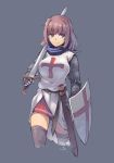  armor black_legwear blue_background blue_eyes brown_hair chainmail cross holding knight knights_templar nightmaremk2 original over_shoulder pleated_skirt sheath shield short_hair simple_background skirt smile solo sword thigh-highs thighhighs wading water weapon 