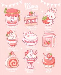  animal-themed_food bowl cake cake_slice commentary english_commentary english_text faith_varvara food food_focus fruit garland_(decoration) glass_bowl highres holding holding_food holding_fruit ice_cream jar macaron menu milk_carton no_humans original oversized_food oversized_object parfait pink_background pink_theme pocky price rabbit simple_background sitting sparkle star_(symbol) strawberry strawberry_shortcake strawberry_slice swiss_roll tart_(food) whipped_cream 