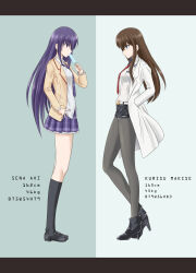  2girls aoi_sena belt black_boots black_pantyhose black_shoes black_shorts black_socks blazer boots bow bowtie breast_pocket brown_hair brown_jacket chaos;head character_name coat collared_shirt dress_shirt food food_in_mouth full_body hand_in_pocket height_chart high_heel_boots high_heels highres holding holding_food holding_popsicle in-franchise_crossover jacket kneehighs lab_coat lapels leather_shorts loafers long_hair long_sleeves makise_kurisu miniskirt multiple_girls narrowed_eyes necktie nervous_sweating notched_lapels onaya_masakazu open_clothes open_collar open_jacket pantyhose plaid_clothes plaid_necktie plaid_skirt pleated_skirt pocket popsicle popsicle_in_mouth purple_bow purple_bowtie purple_hair red_necktie red_shirt red_trim school_uniform science_adventure serious shiny_clothes shiny_legwear shirt shoes shorts skirt socks standing steins;gate suimei_academy_school_uniform sweat violet_eyes white_belt white_coat white_shirt 