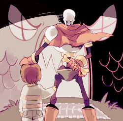  1boy 1other 2023 2d ambiguous_gender arm_behind_back armor back blue_shirt blue_shorts bone boots brown_hair cape child digital_media door double_horizontal_stripe duo frisk_(undertale) from_behind full_body gloves hand_on_another&#039;s_head hand_on_another&#039;s_thigh height_difference holding holding_bone horizontal-striped_clothes house human humanoid legs_apart male monster monster_boy papyrus_(undertale) pink_stripes red_boots red_cape red_gloves red_ribbon ribbon shirt short_hair shorts skeleton standing striped_clothes striped_shirt taharu_(papiyas) two-tone_shirt undead undertale utdr_(toby_fox) white_armor window 
