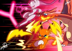 aqua_eyes artist_name bright_pupils charizard commentary dairok_(dandroirl) dragon electricity energy_ball english_commentary eye_trail fangs fire flame-tipped_tail highres light_trail mega_charizard_y mega_mewtwo_y mega_raichu_y mewtwo nostrils open_mouth pokemon pokemon_(creature) pokemon_focus pokemon_legends:_z-a raichu red_eyes tail trait_connection white_pupils