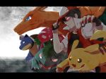  1boy bad_id baseball_cap black_eyes black_hair blastoise blue_eyes charizard epic fingerless_gloves gloves glowing glowing_eyes hat holding holding_poke_ball pietani397 pikachu poke_ball pokemon pokemon_(creature) pokemon_(game) pokemon_rgby red_(pokemon) red_(pokemon)_(classic) red_eyes short_hair venusaur 