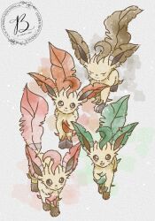  alternate_color alternate_shiny_pokemon animal_focus baya_(sakura_mint) blush brown_eyes brown_fur closed_eyes closed_mouth full_body green_fur highres leaf leafeon looking_at_viewer no_humans open_mouth orange_fur pink_fur pokemon pokemon_(creature) pokemon_focus simple_background smile tail yellow_fur 