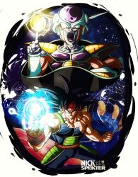  armor bardock black_eyes black_hair cross_scar dragon_ball dragon_ball_z frieza headband highres looking_at_viewer male_focus monkey_boy monkey_tail multiple_boys muscular muscular_male nickelespektro open_mouth saiyan saiyan_armor scar scar_on_cheek scar_on_face short_hair simple_background smile spiky_hair tail tail_around_own_waist wristband 