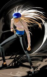  1boy absurdres black_pants blue_hat clenched_hand closed_mouth dark_background fighting_stance hat highres holding holding_behind_back holding_scythe holding_weapon_behind_back hunter_x_hunter kite_(hunter_x_hunter) light_particles long_hair looking_at_viewer male_focus pants scythe shade shaded_face shadow shirt solo standing sweater titan_gianttan white_hair white_shirt white_sweater 