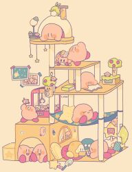  absurdres bird blue_eyes candy cat_tower character_charm charm_(object) clone commentary crane_game ctlv figure food gooey_(kirby) hammock hat highres holding holding_charm invincible_candy kirby kirby's_adventure kirby's_dream_land_3 kirby:_planet_robobot kirby_(series) kirby_mass_attack lollipop lying on_stomach photo_(object) pitch_(kirby) planet_popstar playing_games reading robobot_armor signature simple_background star-shaped_eyewear star_(symbol) star_rod sticker swirl_lollipop symbol-only_commentary unworn_hat unworn_headwear waddle_dee whispy_woods yellow_background 