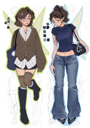  2girls arm_tattoo bag bag_charm black_bag black_boots black_skirt blue_bag blue_shirt boots brown_cardigan brown_hair brown_thighhighs cardigan charm_(object) color_guide commentary denim earrings english_commentary flower_earrings full_body grey_pants groin hair_ornament highres jeans jewelry knee_boots kuromi midriff miniskirt multiple_girls navel necklace onegai_my_melody original pants pixzli pointy_ears ponytail sanrio shirt short_hair shoulder_bag skirt sleeves_past_fingers sleeves_past_wrists standing star_(symbol) star_hair_ornament streetwear striped_clothes striped_shirt tattoo thigh-highs 