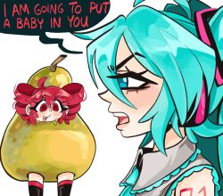  2girls ahoge blue_eyes blue_hair collared_shirt commentary drill_hair english_commentary english_text food fruit grey_shirt hair_between_eyes hatsune_miku highres kasane_teto kecchi0 long_hair looking_at_another multiple_girls number_tattoo open_mouth pear pearto red_eyes red_hair shirt shoulder_tattoo simple_background tattoo twin_drills twintails upper_body utau vocaloid white_background 