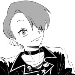 1boy agemura_sosuke choker closed_mouth collarbone commentary_request earrings futsuu_no_keion-bu greyscale hair_over_one_eye highres jacket jewelry lapel_pin lapels leather leather_jacket male_focus monochrome notched_lapels portrait riku_(r_ik1020n) short_hair skull_ornament smile solo star_ornament 