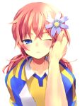 androgynous blue_eyes flower hair_flower hair_ornament hand_on_another&#039;s_face hand_on_another's_face highres inazuma_eleven inazuma_eleven_(series) inazuma_eleven_go kirino_ranmaru male pink_hair simple_background soccer_uniform solo somezima translation_request twintails white_background wink 
