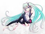  anklet aqua_hair barefoot blue_eyes bridal_gauntlets hatsune_miku hatsune_miku_(append) jewelry long_hair miku_append necktie sitting solo thigh-highs thighhighs twintails very_long_hair vocaloid vocaloid_append 