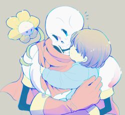  1other 2024 2boys 2d ambiguous_gender armor blue_shirt brown_hair cape carrying carrying_person child child_carry digital_media flower flowey_(undertale) frisk_(undertale) gloves grey_background height_difference human humanoid male monster monster_boy multiple_boys notice_lines papyrus_(undertale) plant red_cape red_gloves shirt short_hair simple_background skeleton taharu_(papiyas) teeth trio undead undertale utdr_(toby_fox) white_armor yellow_flower 