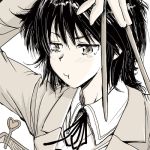  bad_id bust chopsticks eating holding kaku_(artist) lowres monochrome original pout short_hair solo tears 