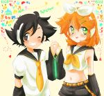  1boy 1girl ahoge bare_shoulders belt black_eyes black_hair blush bow child cosplay detached_sleeves flower green_eyes grin hair_ornament hand_holding hands_clasped headset heart holding_hands kagamine_len kagamine_len_(cosplay) kagamine_rin kagamine_rin_(cosplay) kasumi_(pokemon) midriff musical_note nail_polish necktie open_mouth orange_hair pikachu poke_ball pokemon pokemon_(anime) psyduck satoshi_(pokemon) short_hair short_shorts shorts smile star vocaloid wink yellow_background 