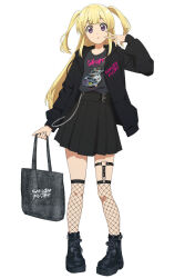  1girl 22/7 :o ankle_boots bag belt_boots black_boots black_hoodie black_skirt blonde_hair boots chain fishnet_thighhighs fishnets fujima_sakura full_body grey_shirt highres holding holding_bag hood hood_down hoodie kyota07 long_hair long_sleeves looking_at_viewer miniskirt official_alternate_hairstyle official_art open_clothes open_hoodie pleated_skirt print_bag print_hoodie print_shirt shirt simple_background skirt solo standing straight-on thigh-highs tote_bag two_side_up v violet_eyes white_background 
