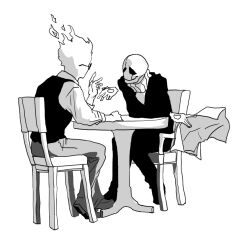  2022 2boys 2d aoimomushi bartender bowtie chair commentary digital_media duo elemental_(creature) english_commentary fire_elemental flaming_head glasses grillby holding holding_paper hollow_eyes humanoid male male_focus male_only monster monster_boy multiple_boys no_mouth on_chair pants paper rayman_limbs simple_background sitting sweater table undertale uniform utdr_(toby_fox) vest w.d._gaster white_background 