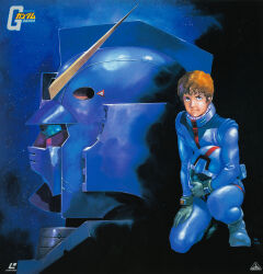  1970s_(style) 1980s_(style) 1990s_(style) 1998 1boy absurdres amuro_ray blue_eyes boots brown_hair curly_hair dated earth_federation_space_forces gun gundam helmet highres holding holding_unworn_helmet kneeling laserdisc_cover logo looking_at_viewer machine_gun machinery mecha mecha_pilot_suit mobile_suit mobile_suit_gundam official_art painting_(medium) realistic retro_artstyle robot rx-78-2_gundam scan science_fiction signature title traditional_media unworn_headwear unworn_helmet v-fin weapon yasuhiko_yoshikazu 