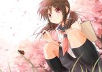  1girl blurry brown_hair cherry_blossoms depth_of_field grass kneehighs ladybug looking_at_viewer naono original pencil petals pink_eyes sakura school_uniform serafuku short_twintails sketch_pad sketchbook skirt smile solo squatting tree twintails 