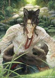  1boy animal_ears armlet black_hair blackbox_(blackbox9158) blue_eyes cattail clothing_request dog_ears fur_trim grass hair_between_eyes hair_over_shoulder jewelry kemonomimi_mode lily_pad looking_at_viewer male_focus noctilucent:_before_dawn outdoors outstretched_arms owyn_(noctilucent) pectoral_cleavage pectorals plant river rock see-through_clothes shore smile solo squatting wet wet_clothes 