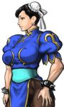  black_hair bracelet china_dress chinese_clothes chun-li double_bun earrings jewelry pantyhose spiked_bracelet spikes street_fighter 