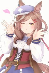  1girl animal_ears belt_bag blue_hat blue_skirt blush bracelet breasts brown_hair center_frills clothing_cutout corset ear_ornament ears_through_headwear frills hair_ornament hairclip hat heart highres horse_ears horse_girl horse_tail jewelry koshiba_taiyaki long_hair long_sleeves looking_at_viewer matikanetannhauser_(panpaka_tiltott)_(umamusume) matikanetannhauser_(umamusume) medium_hair multicolored_hair newsboy_cap one_eye_closed red_corset shirt shoulder_cutout simple_background skirt solo streaked_hair tail tilted_headwear umamusume white_background white_shirt yellow_eyes 