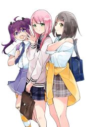  22/7 3girls ahoge asymmetrical_bangs bag black_bow black_skirt bow bowtie closed_mouth clothes_around_waist collared_shirt fang feet_out_of_frame from_side green_eyes grey_bow grey_bowtie grey_eyes grey_hair grey_skirt hair_between_eyes hiiragi_tsubomi holding holding_bag jacket jacket_around_waist kamiki_mikami long_hair long_sleeves looking_at_viewer medium_hair miniskirt multiple_girls open_mouth pink_hair pleated_skirt purple_hair purple_skirt school_bag shirt short_sleeves simple_background skirt smile socks standing striped_clothes striped_socks tojo_yuki trefle_r twintails violet_eyes waving white_background white_shirt 