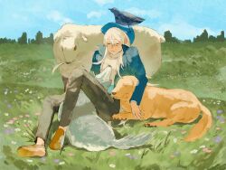  1boy absurdres animal animal_on_head bird bird_on_head black_pants blue_hat blue_jacket chewing closed_eyes closed_mouth crow dog flower golden_retriever grass hat highres hunter_x_hunter jacket kite_(hunter_x_hunter) long_hair male_focus on_grass on_head outdoors pants sheep sitting sleeping titan_gianttan white_hair white_wolf wolf 