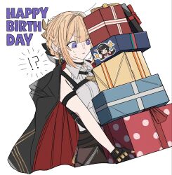  ! 1girl ? arm_strap astra_yao bare_shoulders birthday black_coat black_gloves black_pants blonde_hair box brown_pants chest_harness coat coat_on_shoulders collar commentary_request earrings evelyn_chevalier gift gift_box gloves hair_up happy_birthday harness high-waist_pants highres holding holding_box holding_gift jewelry latex_pants long_ribbon looking_at_object necktie niupum open_mouth pants ring_hair_ornament shirt simple_background solo sticker sweat sweatdrop tight_clothes tight_pants violet_eyes white_background white_shirt yellow_necktie zenless_zone_zero zipper 