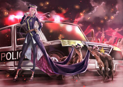  1girl animal belt black_pants black_shoes blue_coat blue_hat brown_belt car city clothed_animal coat coattails collared_coat commentary_request dobermann dog dress_pants embers fire floating_hair floral_print frilled_sleeves frills full_body gloves hand_on_own_hip hat high_heels highres holding holding_microphone holster long_hair long_sleeves looking_at_viewer microphone motor_vehicle night nikki_(nikki) nikki_(series) onikoroshi_(koderasinji) outdoors pants peaked_cap pink_eyes pink_hair police police_badge police_car police_hat police_uniform policewoman print_coat red_coat shadow shining_nikki shoes sideways_hat smoke solo standing star_(symbol) stiletto_heels two-sided_coat two-sided_fabric white_gloves 