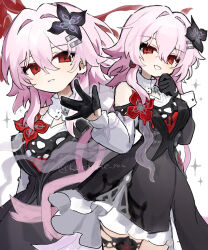  1girl \||/ asymmetrical_dress black_dress black_flower black_gloves dress earrings evernight_(honkai:_star_rail) evey_(honkai:_star_rail) flower gloves hair_flower hair_ornament hairclip half_gloves highres honkai:_star_rail honkai_(series) jewelry looking_at_viewer march_7th_(honkai:_star_rail) memosprite multiple_views official_alternate_eye_color parallel_hairclips parted_lips pink_hair ro/ku simple_background single_bare_shoulder single_earring sparkle white_background 