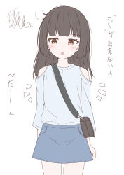  1girl absurdres bag black_bag black_hair blue_shirt blue_skirt blush brown_eyes clothing_cutout cowboy_shot denim denim_skirt flat_chest flat_color highres long_hair long_sleeves looking_at_viewer miniskirt notice_lines open_mouth original shirt shoulder_bag shoulder_cutout simple_background skirt solo squiggle straight-on takasuma_hiro translation_request white_background 