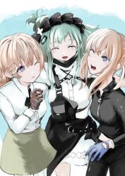  3girls absurdres black_mask blonde_hair blue_eyes bodysuit breasts closed_mouth collared_shirt commentary_request cow girls_frontline green_hair green_skirt hair_ornament hairclip highres long_hair long_sleeves mask mask_around_neck miniskirt multiple_girls nisoichi no_coat no_headwear open_mouth parted_lips scar-h_(girls'_frontline) scar-l_(girls'_frontline) scr_(girls'_frontline) shirt sidelocks skirt smile teeth turtleneck turtleneck_bodysuit upper_teeth_only white_shirt 