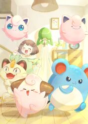  1girl absurdres blue_eyes bob_cut brown_hair cleffa closed_eyes colored_skin ditto dress fangs gardevoir green_hair green_hoodie green_skin hide_and_seek highres hood hoodie indoors jigglypuff marill meowth multicolored_skin open_mouth pink_skin piyokonoenikki_04 pokemon pokemon_(creature) transformed_ditto two-tone_skin watermark white_dress white_skin 