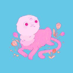  adventure_time blue_background closed_mouth commentary fang flower full_body goliad highres no_humans pink_eyes pink_fur r0bou simple_background smile solo third_eye_closed 